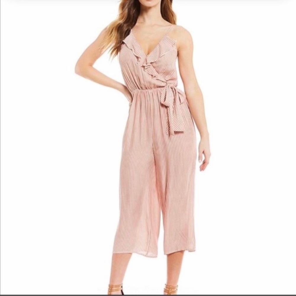 Gianni Bini Cropped Wide Leg Jumpsuit Pink White Stripes Adjustable Size Medium